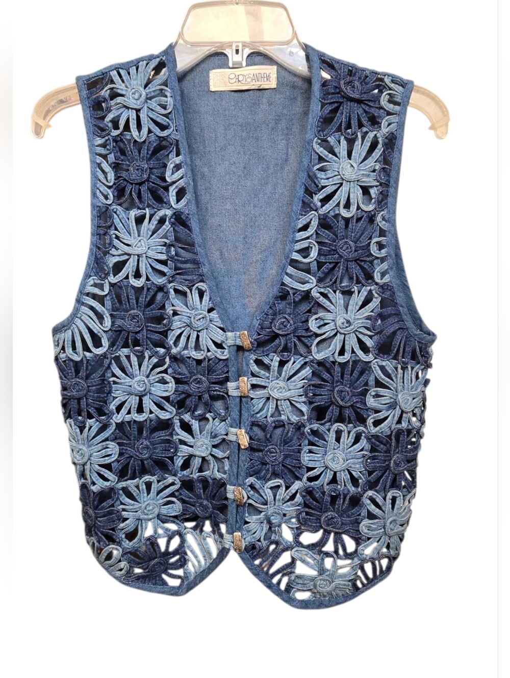Vintage Euc Crocheted Denim Floral Vest - Blue Boho Western Grandmacore Med